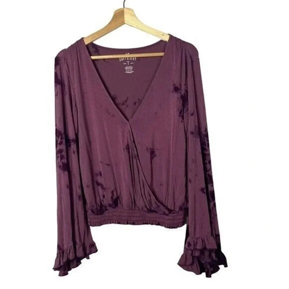 American Eagle AEO Purple Tie Dye Wrap Front Bell Sleeve Long Sleeve S - Picture 2 of 6